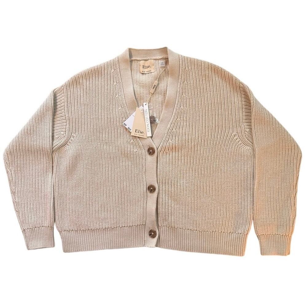 Elie Tahari Cardigan Sweater Womens Large L Beige Pointelle Knit NWT